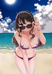  1girl adjusting_eyewear ashigara_(kantai_collection) beach bikini bracelet breasts brown_eyes brown_hair cleavage commentary_request fuji_mitsu hairband jewelry kantai_collection large_breasts long_hair ocean one_eye_closed purple_bikini solo sun sunglasses swimsuit wavy_hair 