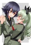  2girls anchovy anzio_military_uniform arm_around_waist bangs belt black_belt black_hair black_ribbon black_shirt blush braid brown_eyes commentary dress_shirt drill_hair eyebrows_visible_through_hair girls_und_panzer green_hair grey_background grey_jacket hair_ribbon hand_holding highres jacket long_hair long_sleeves looking_at_another military military_uniform multiple_girls okitsugu open_mouth outside_border parted_lips pepperoni_(girls_und_panzer) red_eyes ribbon sam_browne_belt shirt short_hair side_braid standing sweatdrop twin_drills twintails uniform upper_body 