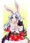  1girl :o animal_ears bangs bare_shoulders black_cat blade_&amp;_soul blue_eyes blush cat double_bun dress fur_trim hair_bun hair_pulled_back heart heart_hands long_hair looking_at_viewer lyn_(blade_&amp;_soul) mistletoe obi open_mouth osiimi parted_bangs rabbit_ears red_dress red_skirt ribbon sash simple_background skirt smile snowflake_print solo spoken_heart two_side_up upper_teeth white_hair yellow_background 