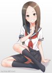  1girl :d black_legwear black_skirt brown_eyes brown_hair finger_to_cheek full_body gradient gradient_background grey_background grin head_tilt highres index_finger_raised karakai_jouzu_no_takagi-san knee_pads kneehighs long_hair looking_at_viewer neckerchief no_shoes open_mouth pleated_skirt red_neckwear s-goon school_uniform serafuku shiny shiny_hair shirt short_sleeves sidelocks sitting skirt smile solo straight_hair takagi-san teeth twitter_username white_shirt 