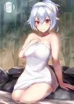  absurdres arm_support bamboo blush breasts closed_mouth commentary_request eyebrows_visible_through_hair fate/grand_order fate_(series) full_moon hand_on_own_chest highres large_breasts legs_together looking_at_viewer moon naked_towel nanakaku night onsen outdoors red_eyes rock silver_hair sitting smile soaking_feet steam tomoe_gozen_(fate/grand_order) towel towel_on_head water white_towel 