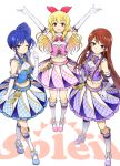  3girls :d aikatsu! armpits arms_up blonde_hair blue_eyes blue_hair blush bow brown_hair elbow_gloves eyebrows_visible_through_hair frilled_skirt frills gloves hair_bow hair_ornament hair_scrunchie hairband hands_on_hips high_heels hoshimiya_ichigo idol kiriya_aoi long_hair looking_at_viewer midriff minatsuki_randoseru multiple_girls navel one_eye_closed open_mouth perspective pointing pointing_up red_eyes ribbon scrunchie shibuki_ran side_ponytail simple_background skirt sleeveless smile violet_eyes white_background 