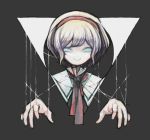  1girl abstract alice_margatroid ascot ashitano_kirin bangs blonde_hair blue_eyes capelet circle closed_mouth disembodied_limb hairband hands looking_at_viewer no_nose portrait red_neckwear short_hair simple_background smile solo touhou triangle 