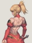  1girl bare_back blonde_hair braid commentary_request detached_sleeves eyebrows_visible_through_hair fate/grand_order fate_(series) french_braid from_behind green_eyes highres mordred_(fate) mordred_(fate)_(all) muscle muscular_female ponytail ranma_(kamenrideroz) scrunchie simple_background smile solo sword_hilt weapon 
