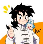  1boy artist_name azu_(kirara310) black_eyes black_hair cat chinese_clothes dragon_ball dragon_ball_super dragonball_z long_hair looking_at_viewer male_focus open_mouth orange_background puar scar simple_background smile thumbs_up white_background yamcha 