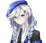  1girl armband beret blue_eyes braid expressionless girls_frontline glasses gwingwin hair_ornament hairclip hat long_hair looking_at_viewer low_twintails necktie seele_(girls_frontline) silver_hair simple_background twintails 