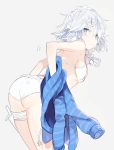  1girl :&lt; ass bangs bare_arms bare_shoulders bikini blue_eyes blue_jacket bow braid breasts grey_background hair_bow izayoi_sakuya jacket knife leaning_forward looking_at_viewer maid_headdress nuudoru silver_hair simple_background small_breasts solo swimsuit touhou work_in_progress 