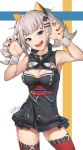  1girl :d armpits bare_shoulders black_dress black_nails blue_eyes blush breasts claw_pose cleavage cleavage_cutout contrapposto cowboy_shot dress eyebrows_visible_through_hair fang fingernails hair_ornament hairclip hands_up highres kaguya_luna kaguya_luna_(character) kotoribako large_breasts legs_apart looking_at_viewer nail_polish obi open_mouth sash short_dress short_hair signature silver_hair smile solo standing thigh-highs two_side_up wristband 