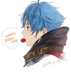  1boy bangs blue_hair commentary_request cropped_torso dated earrings english food from_side fruit happy_birthday hood hood_down jewelry male_focus mouth_hold open_mouth original profile sako_(user_ndpz5754) simple_background solo strawberry upper_body violet_eyes white_background 