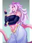  1girl android_21 arm_warmers baggy_pants bare_shoulders black_sclera bracelet breasts choker cleavage dragon_ball dragon_ball_fighterz ear_piercing earrings harem_pants hoop_earrings jewelry large_breasts looking_at_viewer majin_android_21 midriff monster_girl navel pants parted_lips piercing pink_skin pointy_ears red_eyes rejean_dubois solo stomach strapless tail tubetop twitter_username white_hair 