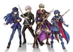  2boys 2girls armor blue_hair cape cloak cosplay crossover fire_emblem fire_emblem:_kakusei gun gzei handgun hat holding holding_gun holding_sword holding_weapon jacket katana long_hair male_my_unit_(fire_emblem:_kakusei) multiple_boys multiple_girls my_unit_(fire_emblem:_kakusei) narukami_yuu persona persona_4 revolver shirogane_naoto smile sword weapon white_hair 