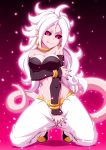 1girl android_21 aura black_nails black_sclera bracelet breasts cleavage curly_hair detached_sleeves dragon_ball dragon_ball_fighterz earrings glowing harem_pants hoop_earrings jewelry kneeling licking_lips light_particles long_hair looking_at_viewer majin_android_21 monster_girl nail_polish pants pink_hair pink_skin pointy_ears red_eyes ring smile solo stomach tail tongue tongue_out very_long_hair zetsumu 