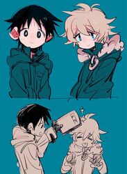  2boys black_eyes blue_background blue_eyes chito_(shoujo_shuumatsu_ryokou) coat fur_trim genderswap genderswap_(ftm) male_focus multiple_boys shoujo_shuumatsu_ryokou simple_background sketch star yuuri_(shoujo_shuumatsu_ryokou) 