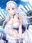  1girl absurdly_long_hair azur_lane belfast_(azur_lane) blue_eyes blush breasts cleavage collarbone corset cuffs day eyebrows_visible_through_hair gigamessy large_breasts long_hair looking_at_viewer maid maid_headdress outdoors parted_lips shackles solo very_long_hair white_hair 