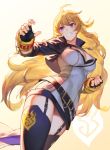  ahoge belt blonde_hair boots breasts cleavage clenched_hand ember_celica_(rwby) fingerless_gloves garter_straps gloves grin gun izumi_sai jewelry large_breasts long_hair open_hand pendant rwby simple_background smile solo thigh-highs very_long_hair violet_eyes weapon yang_xiao_long 