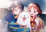  2girls :d ^_^ ahoge animal animal_hug bangs blue_kimono blush braid closed_eyes dog french_braid grey_hair grin hair_bun highres hina_(hinalovesugita) japanese_clothes kimono looking_at_viewer love_live! love_live!_sunshine!! multiple_girls obi open_mouth orange_hair petting red_kimono sash shiitake_(love_live!_sunshine!!) smile takami_chika v watanabe_you wide_sleeves 