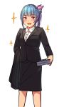  1girl :3 :d alternate_costume alternate_hairstyle bangs black_jacket black_skirt blue_hair blush book collared_shirt commentary_request eyebrows_visible_through_hair fangs formal hair_ornament holding i-19_(kantai_collection) jacket kantai_collection long_hair long_sleeves looking_at_viewer office_lady open_mouth pencil_skirt ponytail red_eyes satsuki_neko shirt simple_background sketch skirt smile solo sparkle standing suit white_background wing_collar 