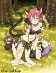  1girl ;p ahoge animal_ears bandeau bangs bare_shoulders blush brown_eyes cat_ears cat_girl cat_tail chains character_request closed_mouth collarbone day eyebrows_visible_through_hair forest full_body grass hair_between_eyes hina_logi_-_from_luck_&amp;_logic kneeling looking_at_viewer nature navel nina_alexandrovna official_art on_grass one_eye_closed outdoors paws pelvic_curtain puffy_short_sleeves puffy_sleeves redhead short_hair short_sleeves smile solo spike_ball tail tongue tongue_out tree yuuki_rika 