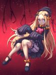  1girl abigail_williams_(fate/grand_order) bangs black_bow black_dress black_footwear black_hat blonde_hair bloomers blue_eyes bow butterfly closed_mouth commentary_request dress fate/grand_order fate_(series) forehead full_body hair_bow hat highres kecilang_buzhang long_sleeves looking_away looking_to_the_side mary_janes noose object_hug orange_bow parted_bangs polka_dot polka_dot_bow red_background shoes sleeves_past_fingers sleeves_past_wrists solo striped stuffed_animal stuffed_toy teddy_bear underwear vertical_stripes white_bloomers 