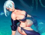  1girl absurdres angel_(kof) ass bare_shoulders blue_butterfly blue_eyes breasts butt_crack butterfly cleavage collarbone fingerless_gloves gloves grass hair_over_one_eye head_tilt highres jacket large_breasts lips nikita_varb short_hair smile solo spread_legs the_king_of_fighters thighs water white_hair 