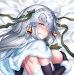  1girl back black_gloves blush breasts capelet clenched_teeth cosplay covering covering_breasts elbow_gloves fate/grand_order fate_(series) gloves helmet jeanne_d&#039;arc_(alter)_(fate) jeanne_d&#039;arc_(fate)_(all) jeanne_d&#039;arc_alter_santa_lily jeanne_d&#039;arc_alter_santa_lily_(cosplay) long_hair looking_at_viewer lying okitakung on_side sideboob silver_hair solo teeth yellow_eyes 
