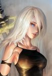  absurdres android armlet bantish blue_eyes breasts highres long_hair medium_breasts mole mole_under_mouth nier_(series) nier_automata pink_lips robot_joints silver_hair sword sword_behind_back tank_top upper_body weapon yorha_type_a_no._2 