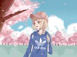  1girl absurdres adidas akamatsu_kaede alternate_costume backpack bag baseball_cap blonde_hair blush dangan_ronpa eyebrows_visible_through_hair eyelashes hair_ornament hairclip hat highres holding long_hair mori_(519378803) musical_note_hair_ornament new_dangan_ronpa_v3 violet_eyes 