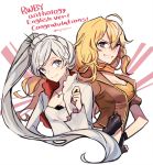  2girls blonde_hair blue_eyes breasts cleavage ecru english fingerless_gloves gloves multiple_girls rwby scar scar_across_eye twitter_username violet_eyes weiss_schnee white_hair yang_xiao_long 