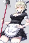  1girl alternate_costume apron artoria_pendragon_(all) artoria_pendragon_(lancer_alter) black_dress blonde_hair blush breasts commentary_request dress embarrassed enmaided fate/grand_order fate_(series) frills highres holding large_breasts maid maid_apron maid_headdress puffy_short_sleeves puffy_sleeves short_sleeves solo thigh-highs waist_apron white_legwear wrist_cuffs xenonstriker yellow_eyes 