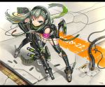  1girl armband cable elbow_gloves fingerless_gloves garter_straps gia gloves green_eyes green_hair gun headphones highres knee_pads leaning_forward long_hair looking_at_viewer original shorts smile solo thigh-highs trigger_discipline weapon 