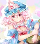  1girl blue_hat bow breasts cleavage closed_mouth eyebrows_visible_through_hair frills hair_between_eyes hat looking_at_viewer medium_breasts nagare pink_eyes pink_hair red_bow ribbon_trim saigyouji_yuyuko see-through smile solo touhou triangular_headpiece upper_body veil 