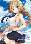  1girl armpit_crease black_legwear black_neckwear black_shorts blonde_hair blue_eyes blue_sky braid character_name clouds eyebrows_visible_through_hair fate/apocrypha fate_(series) floating_hair hair_between_eyes hand_on_hip jeanne_d&#039;arc_(fate) jeanne_d&#039;arc_(fate)_(all) long_hair necktie ponytail shirt short_shorts shorts single_braid sky sleeveless sleeveless_shirt smile solo standing tamanotsuyu thigh-highs very_long_hair white_shirt zettai_ryouiki 