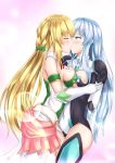  1girl artist_request bare_shoulders blonde_hair blue_eyes blue_hair blush breast_press breasts closed_eyes covered_navel dress eyebrows_visible_through_hair gloves highres image_sample kami_jigen_game_neptune_v kiseijou_rei kiseijou_rei_(goddess_form) kiss large_breasts long_hair looking_at_viewer neptune_(series) sleeveless smile solo symmetrical_docking twitter_sample vert very_long_hair white_gloves yuri 