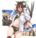  1girl 6+boys :o belt bikini bow breasts brown_hair camouflage camouflage_bikini flower green_bow hair_between_eyes hair_bow hair_flower hair_ornament hands_up highres hood hoodie long_sleeves looking_at_viewer multiple_boys navel open_clothes open_hoodie red_eyes reiuji_utsuho small_breasts solo solo_focus stomach swimsuit tetsurou_(fe+) touhou white_background white_flower 