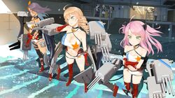  6+girls azur_lane bare_shoulders beret black_hair black_legwear blonde_hair blue_eyes breasts brown_hair character_request charles_ausburne_(azur_lane) chicago_(azur_lane) choker cleavage cleveland_(azur_lane) crossed_arms dark_skin drill_hair enterprise_(azur_lane) foote_(azur_lane) gloves green_eyes hat highres houston_(azur_lane) long_hair midriff multiple_girls navel northampton_(azur_lane) pink_hair red_gloves red_legwear single_thighhigh skirt small_breasts smile thatcher_(azur_lane) thigh-highs throtem turret waving white_hair yorktown_(azur_lane) 