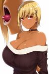  1girl bare_shoulders blonde_hair breasts choker cleavage dark_skin earrings fingernails hair_ornament highres huge_breasts jewelry kloah lips looking_at_viewer nail_polish original parted_lips red_eyes saliva scythe simple_background skull_earrings solo sweater tongue white_background 