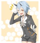  1girl :d bangs black_shorts blue_hair breasts commentary_request gloves highres horns io_(pso2) jacket looking_at_viewer open_mouth orange_eyes phantasy_star phantasy_star_online phantasy_star_online_2 shiver_(siva-hl) short_hair shorts smile solo 