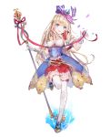  1girl :p absurdres atelier_lydie_&amp;_suelle blonde_hair blue_eyes detached_sleeves dress full_body gloves highres holding holding_staff huge_filesize leg_up long_hair looking_at_viewer official_art puffy_sleeves ribbon ribbon-trimmed_legwear ribbon_trim simple_background solo staff thigh-highs tongue tongue_out white_background white_gloves white_legwear yuugen 