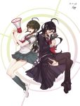  2girls absurdres ahoge black_hair blush braid dangan_ronpa dated fukawa_touko full_body glasses green_eyes green_hair highres holding holding_weapon long_hair megaphone miniskirt multiple_girls naegi_komaru pleated_skirt school_uniform serafuku short_hair signature skirt sweat taser thigh-highs violet_eyes weapon yurang zettai_zetsubou_shoujo 