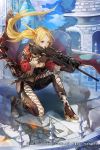  1girl ai_arctic_warfare blonde_hair bolt_action breasts bullet cleavage company_name gloves gun gyakushuu_no_fantasica highres long_hair natsuiro_xx official_art one_eye_closed open_mouth rifle side_ponytail sky sniper_rifle solo violet_eyes weapon 