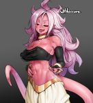  android_21 bare_shoulders black_nails black_sclera bracelet breasts burakku-ra cleavage detached_sleeves dragon_ball dragon_ball_fighterz fangs highres jewelry looking_at_viewer majin_android_21 messy_hair monster_girl nail_polish navel open_mouth pink_hair pink_skin pointy_ears red_eyes smile stomach strapless tail toned tongue tongue_out tubetop upper_body 
