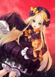  1girl abigail_williams_(fate/grand_order) absurdres bangs black_bow black_dress black_hat blonde_hair bloomers blue_eyes bow butterfly commentary_request dress dutch_angle eyebrows_visible_through_hair fate/grand_order fate_(series) forehead hair_bow hat highres kitazume_kumie long_hair long_sleeves looking_at_viewer object_hug open_mouth orange_bow outstretched_arm parted_bangs polka_dot polka_dot_bow sleeves_past_fingers sleeves_past_wrists solo stuffed_animal stuffed_toy teddy_bear underwear upper_teeth very_long_hair white_bloomers 
