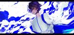  1boy arjuna_(fate/grand_order) black_eyes blue_hair blue_sky cape clouds cloudy_sky day dutch_angle fate/grand_order fate_(series) gloves jacket letterboxed long_sleeves looking_at_viewer male_focus mo_(mocopo) outdoors parted_lips sky solo white_cape white_gloves white_jacket 