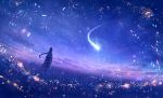  1girl ahoge braid clouds commentary_request facing_away fantasy field flower from_behind grass long_hair night night_sky original outdoors sakimori_(hououbds) scenery single_braid sky solo standing star_(sky) starry_sky 