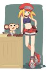  1girl bare_arms bike_shorts blonde_hair blush_stickers box breasts brown_gloves cabbie_hat crop_top full_body gloves green_eyes hand_on_hip hat looking_to_the_side midriff monkey muu_(mumumer) navel rockman rockman_dash roll_caskett simple_background small_breasts smile standing stomach unzipped white_background 
