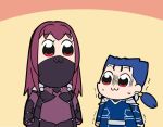  1boy 1girl :3 bkub_(style) blue_hair bodysuit breasts clenched_hands commentary commentary_request earrings fate/grand_order fate/stay_night fate_(series) jewelry lancer long_hair mask okitakung pauldrons ponytail poptepipic purple_hair red_eyes scathach_(fate/grand_order) sweatdrop trembling 