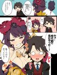  1boy 1girl age_difference blue_eyes blush breasts brown_hair evil_grin evil_smile fate/grand_order fate_(series) fujimaru_ritsuka_(male) grin highres katsushika_hokusai_(fate/grand_order) kloah large_breasts purple_hair short_hair smile surprised translation_request violet_eyes 