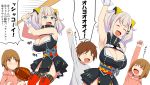  1girl 2boys arm_up armpits baseball_bat baseball_glove blue_eyes breasts brown_eyes brown_hair cleavage closed_eyes comic commentary grey_hair holding_baseball_bat hood hoodie kaguya_luna kaguya_luna_(character) kloah large_breasts multiple_boys smile translation_request 