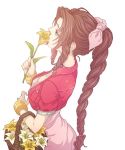  1girl aerith_gainsborough bow braid breasts brown_hair chocolate_hair cropped_jacket dress final_fantasy final_fantasy_vii flower hair_ribbon long_dress long_hair pink_bow pink_dress ponytail ribbon single_braid solo 