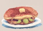  artist_name blue_eyes blush closed_mouth commentary_request food grey_background looking_at_viewer manino_(mofuritaionaka) no_humans original pancake plate signature simple_background smile syrup turtle you&#039;re_doing_it_wrong 